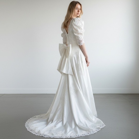Lili International Dresses & Skirts - Vintage Lili International 80s Wedding Dress Satin Lace Puff Sleeve Back Bow